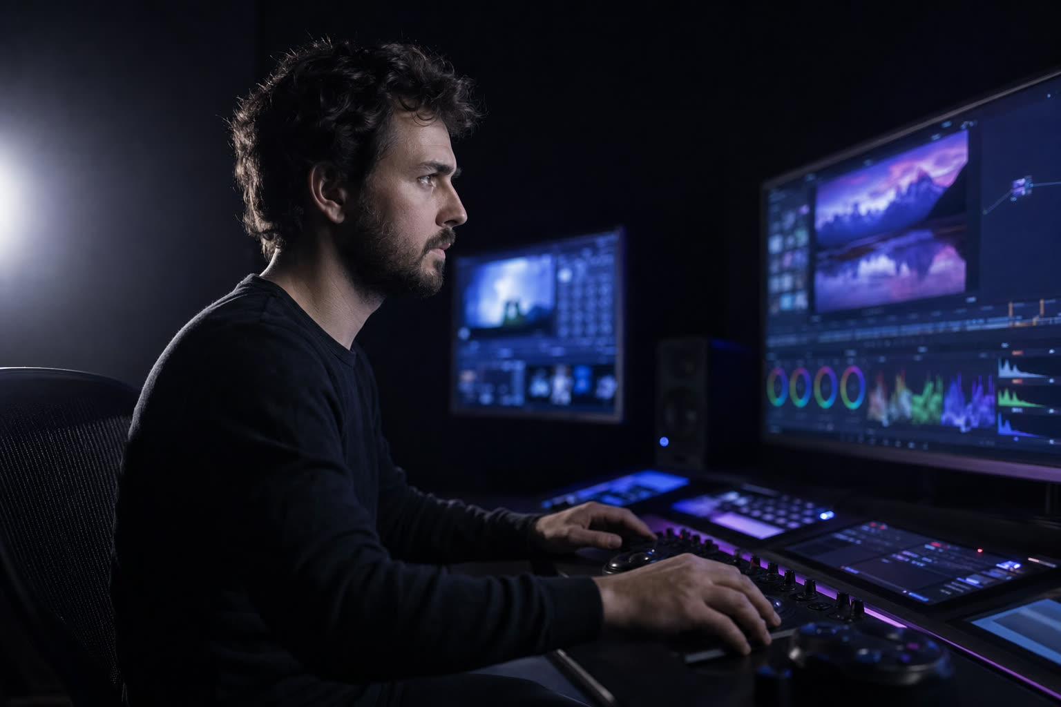 Portrait of Brayden Okamura at a color-grading suite